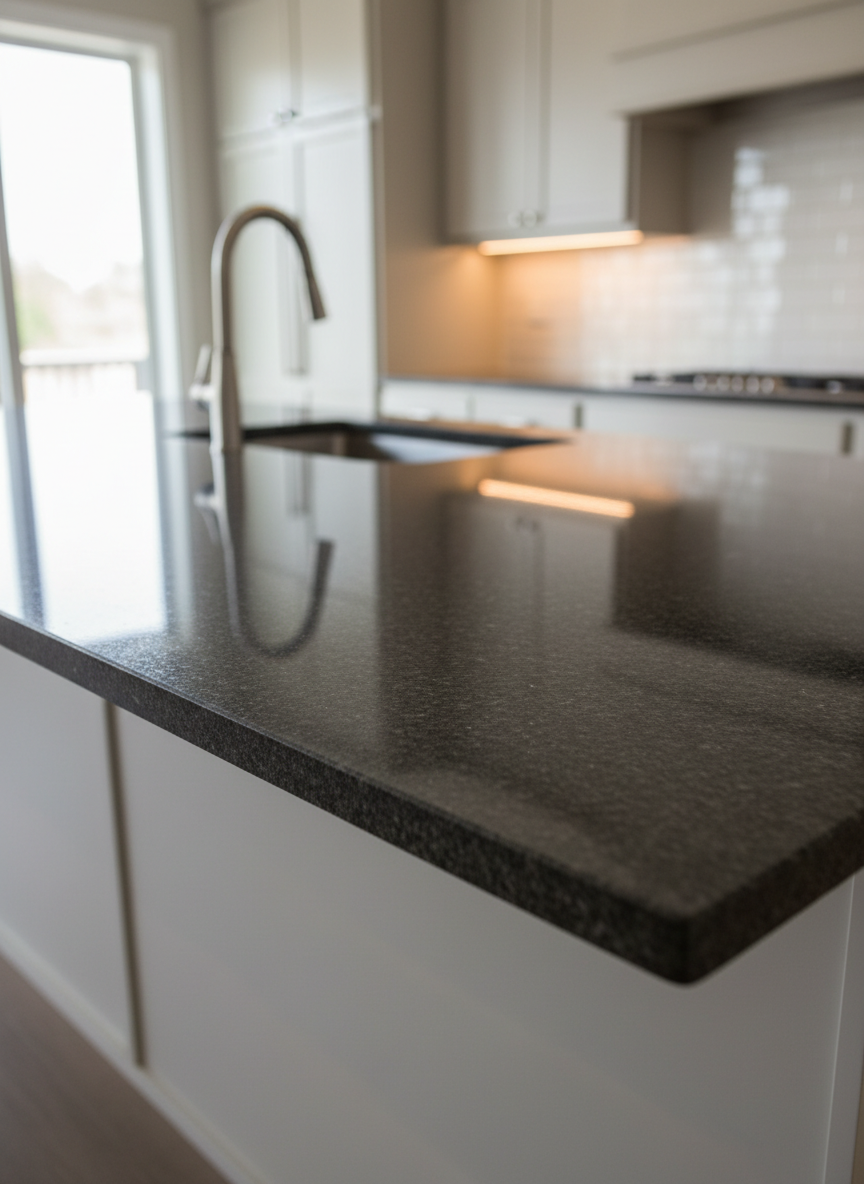 A close-up, wide-format view of a contemporary kitchen island featuring a dark charcoal granite countertop with subtle silver flecks, imported and impeccably installed. The stone’s polished surface reflects soft under-cabinet LED lighting, producing delicate highlights along the eased edge and around an inset stainless-steel sink. The background includes blurred, neutral-toned cabinetry and a tidy backsplash, all in a bright, naturally lit interior with daylight entering from an unseen window. Captured from a low, angled perspective along the countertop’s edge, the shallow depth of field emphasizes the smooth finish, fine grain, and consistent color of the granite. The mood is refined, confident, and modern, showcasing how high-quality imported countertops elevate residential spaces in a realistic, professional photographic style.