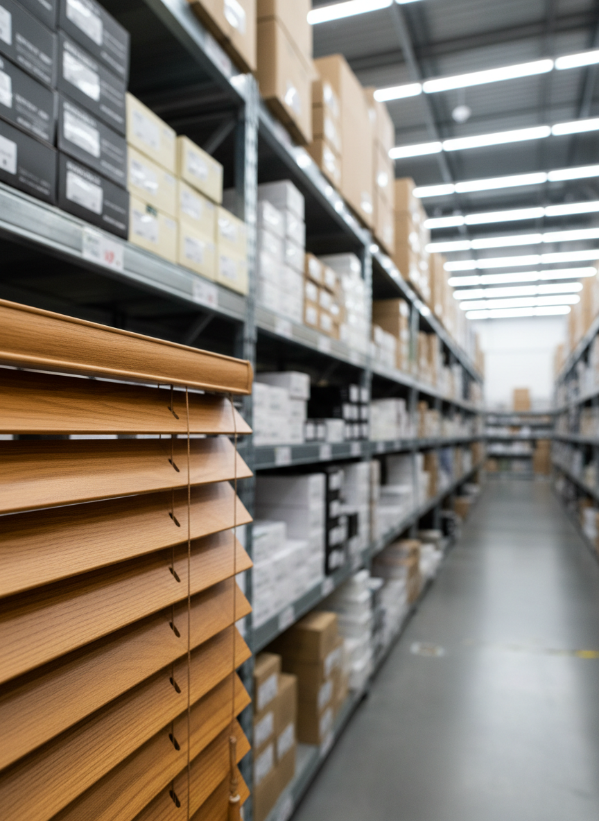 A neatly stacked display of rolled window blinds in a spacious, modern warehouse dedicated to imports. The foreground features a close-up of a premium faux-wood blind in warm oak tone, its slats perfectly aligned, with smooth, matte texture and finely detailed grain pattern. Behind it, organized shelves hold boxes and additional blinds in neutral colors, softly blurred to maintain focus on the featured product. Overhead LED lighting provides bright, even illumination, creating subtle, linear shadows between the slats that highlight precision manufacturing. The composition uses an eye-level, slightly angled view with strong leading lines formed by the shelves and stacked packaging, reinforcing a sense of order and efficiency. The atmosphere is clean, methodical, and businesslike, reflecting a professional import operation in high-resolution photographic realism.