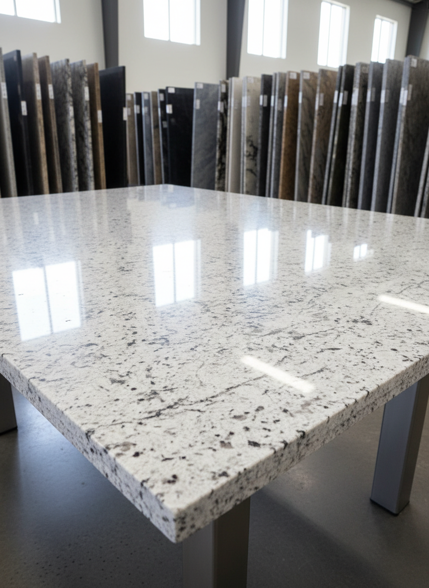 A pristine granite countertop slab, speckled white and gray with delicate mineral veining, rests horizontally on sturdy metal supports in a modern showroom environment. The surface appears freshly sealed, catching soft, natural daylight streaming in from high warehouse windows to the left, creating elongated highlights and gentle reflections. In the background, other color-varied granite slabs stand vertically, slightly out of focus, organized in neat rows. Shot from a slightly elevated angle to showcase the thickness and polished edge profile, the composition is clean and spacious with sharp focus across the main slab. The atmosphere is calm, organized, and highly professional, emphasizing selection, quality control, and the precision of imported stone products in crisp photographic realism.