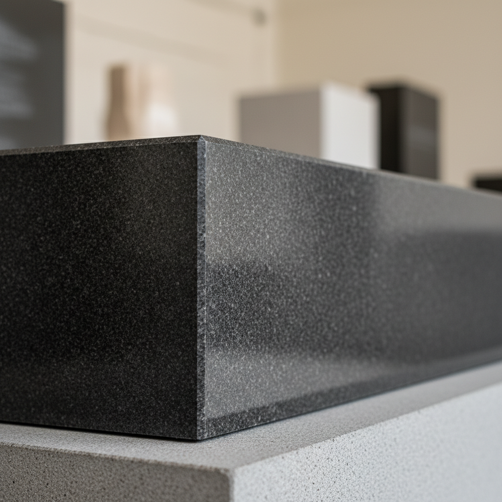 A detailed close-up of a polished granite monument corner, showcasing the precise chamfered edge, deep charcoal color, and fine, consistent grain. The monument rests on a neutral, matte stone base inside a minimalist showroom space. Soft, diffused studio lighting from the upper right creates a delicate gradient across the surface, emphasizing the flawless finish and subtle reflective quality without glare. The background fades into a gentle blur of other monument bases and neutral-toned walls, ensuring the corner detail dominates the frame. Shot at a low, tight angle with shallow depth of field, the composition looks technical and exacting. The atmosphere is serious, professional, and quality-focused, ideal for highlighting the superior craftsmanship and imported stone integrity in a precise photographic realism style.