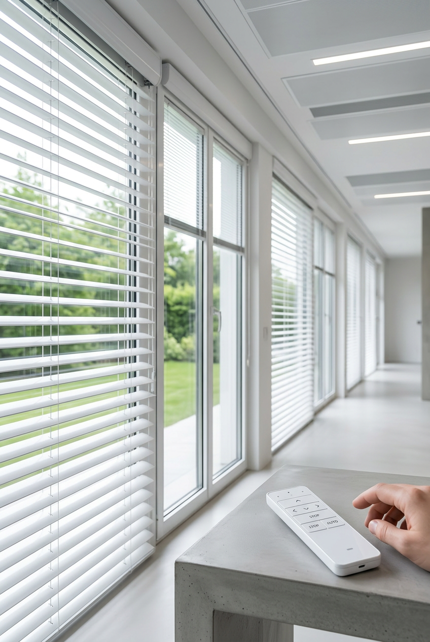 Hand holding remote control for adjusting white window blinds in a modern room
