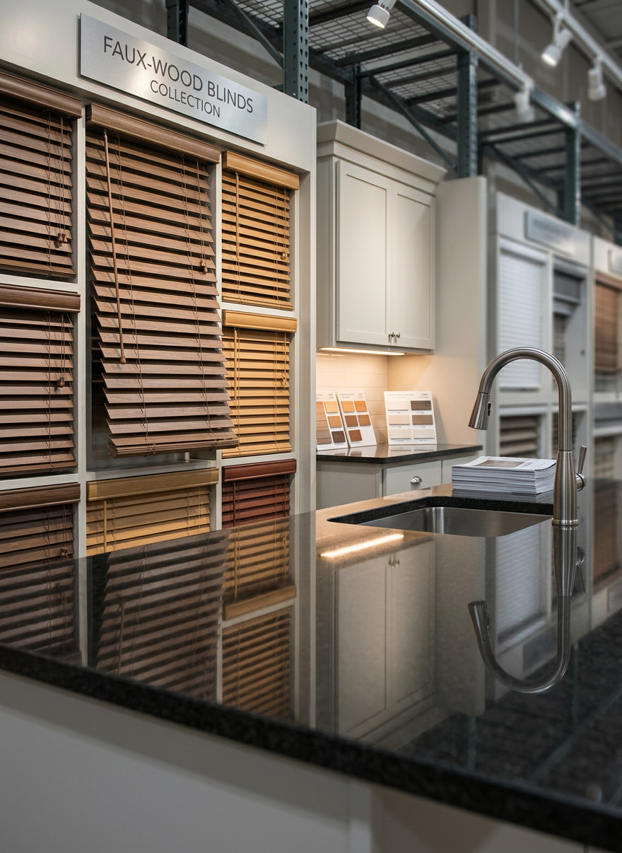 Display of faux-wood blinds with countertop and sink in showroom