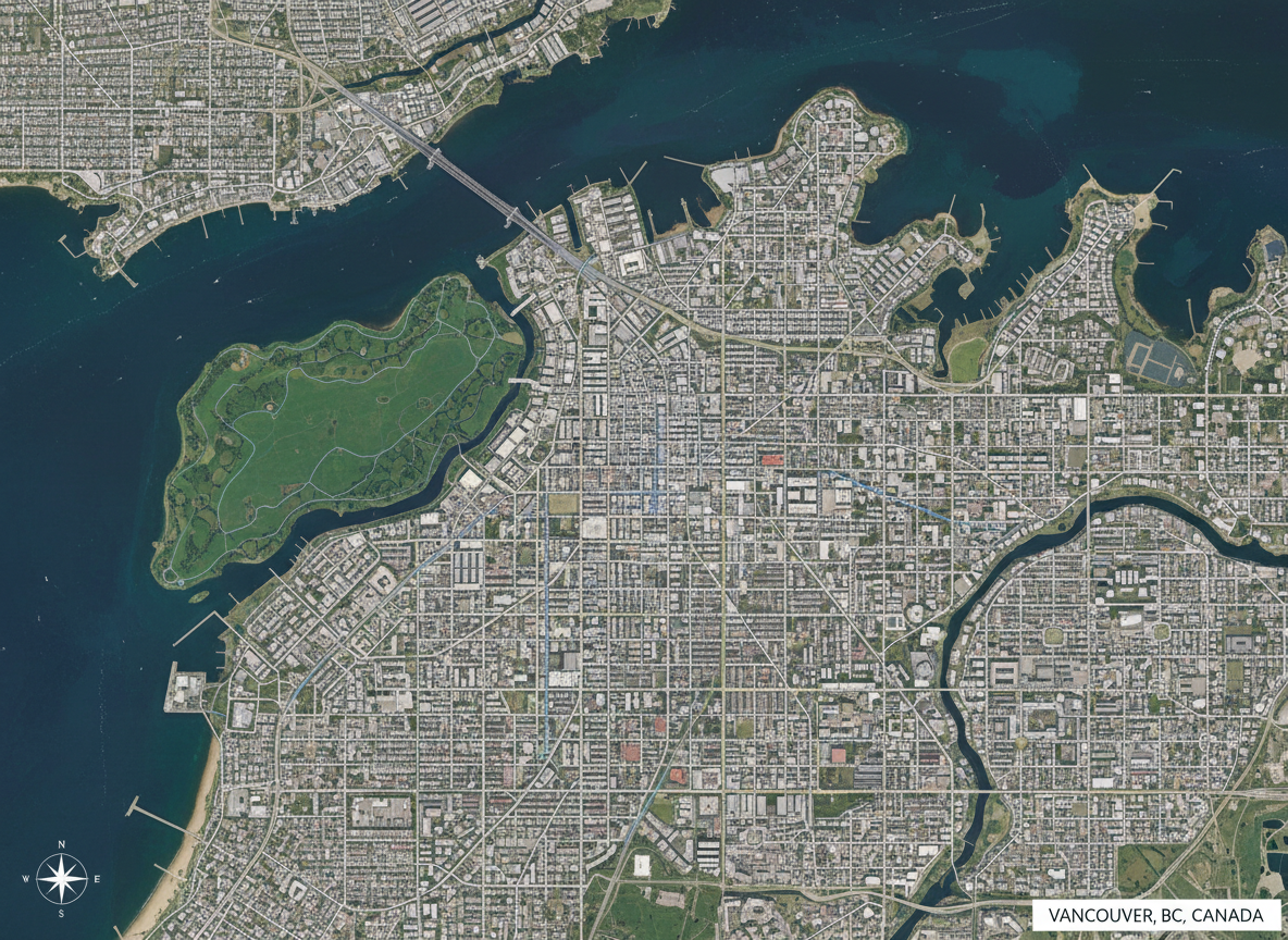 Satellite-style overhead map image focused on Vancouver, BC, Canada, zoomed in close so the main city area, downtown peninsula, and surrounding neighborhoods are clearly visible. High-resolution, realistic map styling with visible streets and coastline, suitable for use on a business contact or location section.