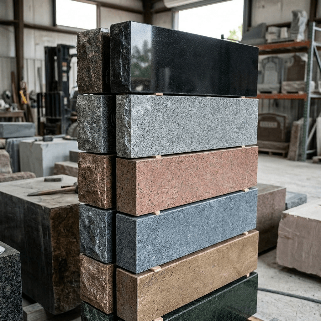 Stack of granite headstones engraved with names and life dates in a workshop