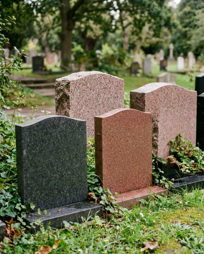Five gravestones with names, dates, and epitaphs in a grassy cemetery