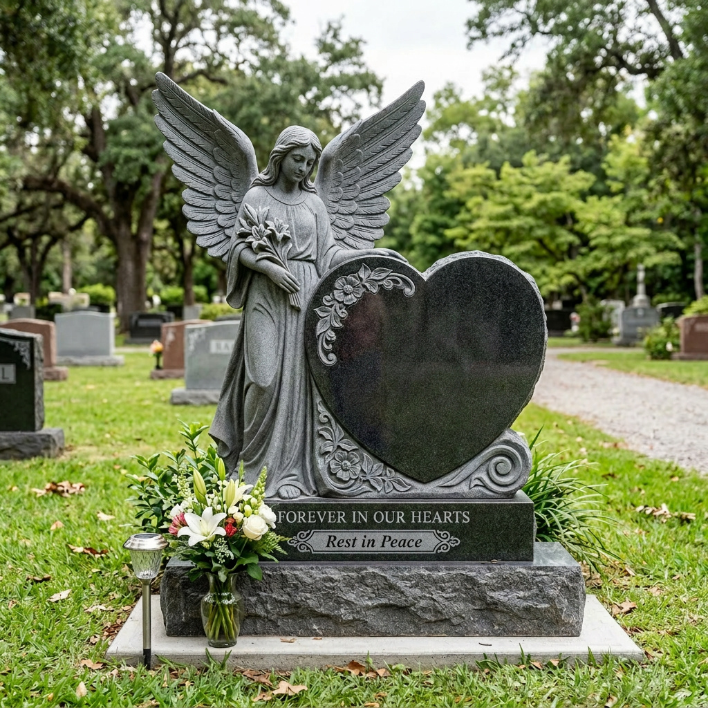 Angel statue holding a heart-shaped gravestone for Emily Rose Thompson in a cemetery