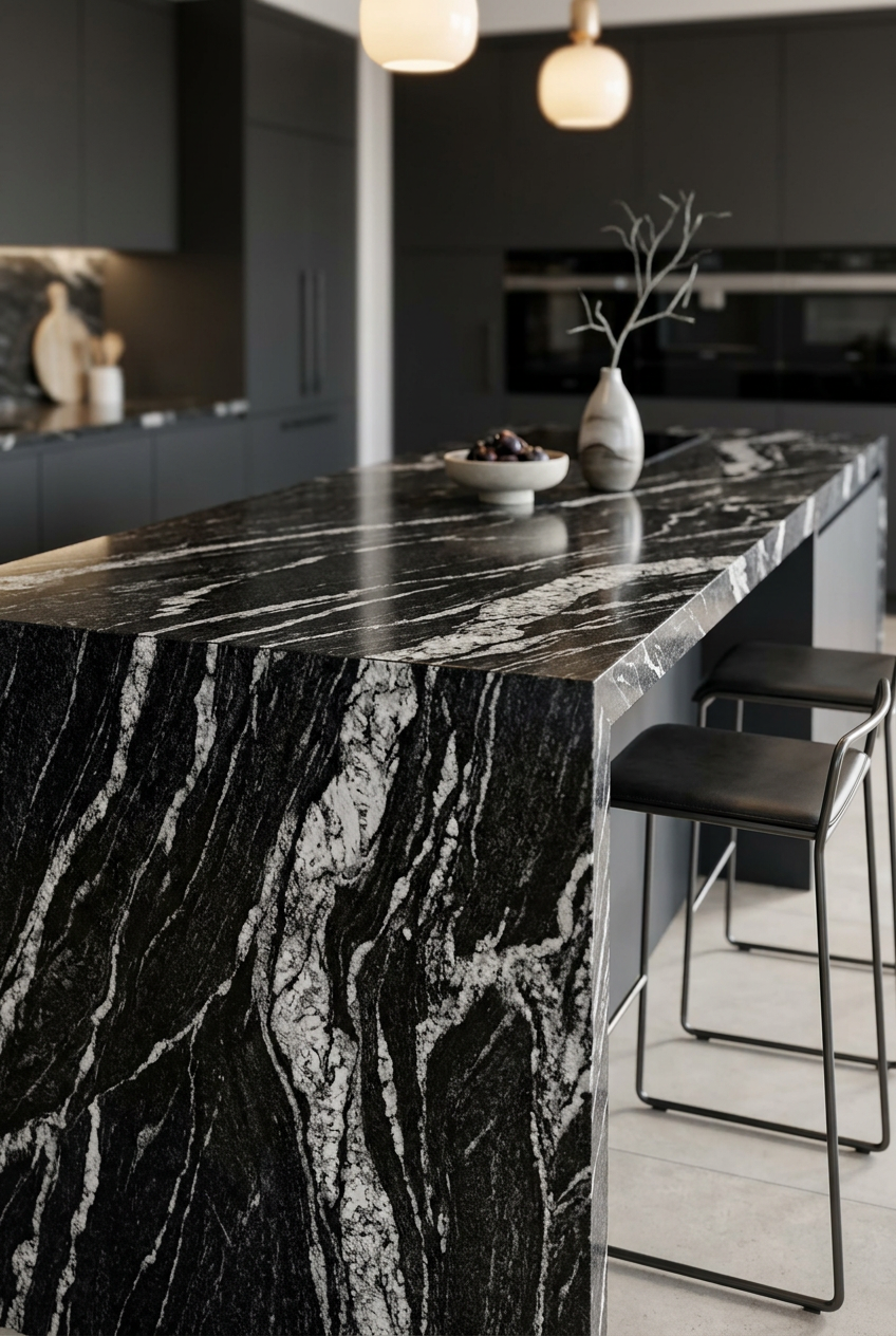 Black marble kitchen island with white veins and two black bar stools