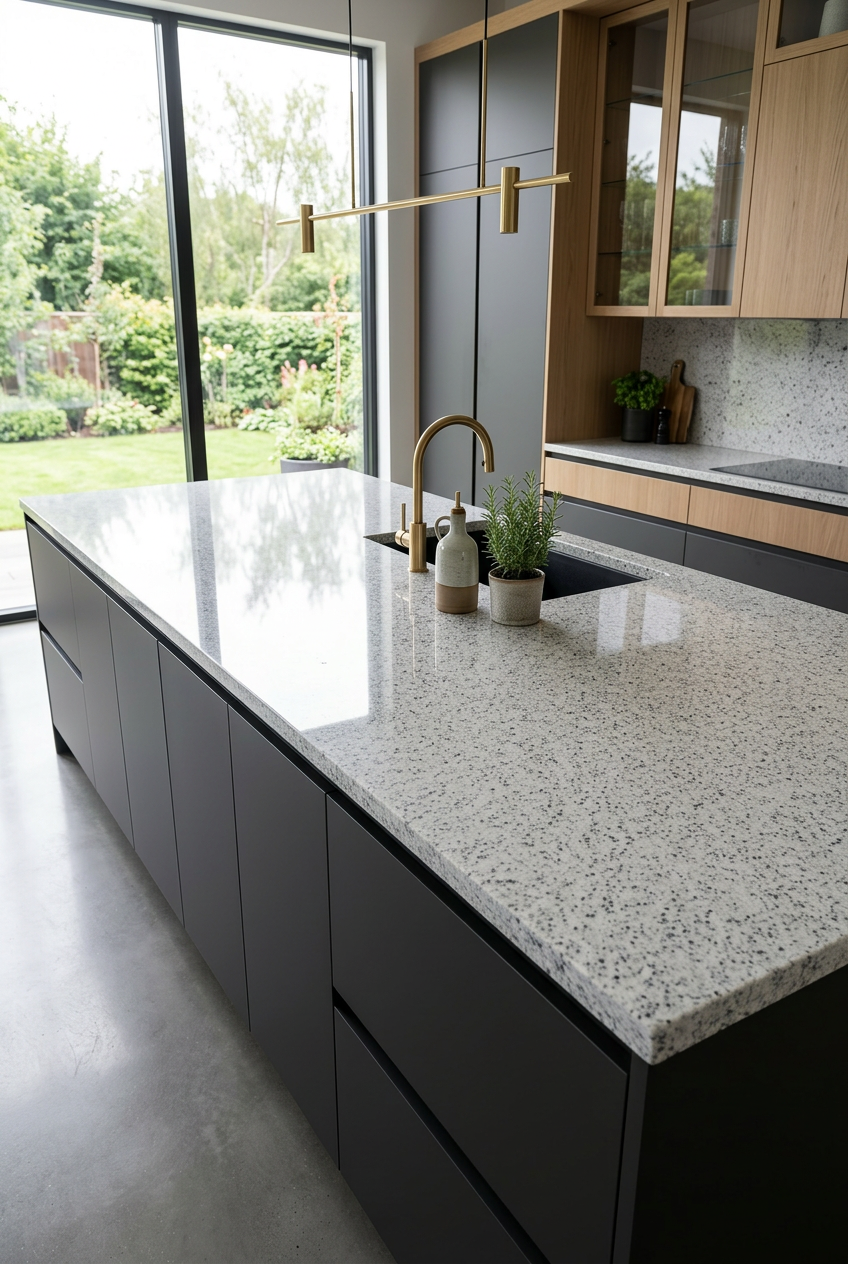 A pristine granite countertop slab, speckled white and gray with delicate mineral veining, rests horizontally on sturdy metal supports in a modern showroom environment. The surface appears freshly sealed, catching soft, natural daylight streaming in from high warehouse windows to the left, creating elongated highlights and gentle reflections. In the background, other color-varied granite slabs stand vertically, slightly out of focus, organized in neat rows. Shot from a slightly elevated angle to showcase the thickness and polished edge profile, the composition is clean and spacious with sharp focus across the main slab. The atmosphere is calm, organized, and highly professional, emphasizing selection, quality control, and the precision of imported stone products in crisp photographic realism.