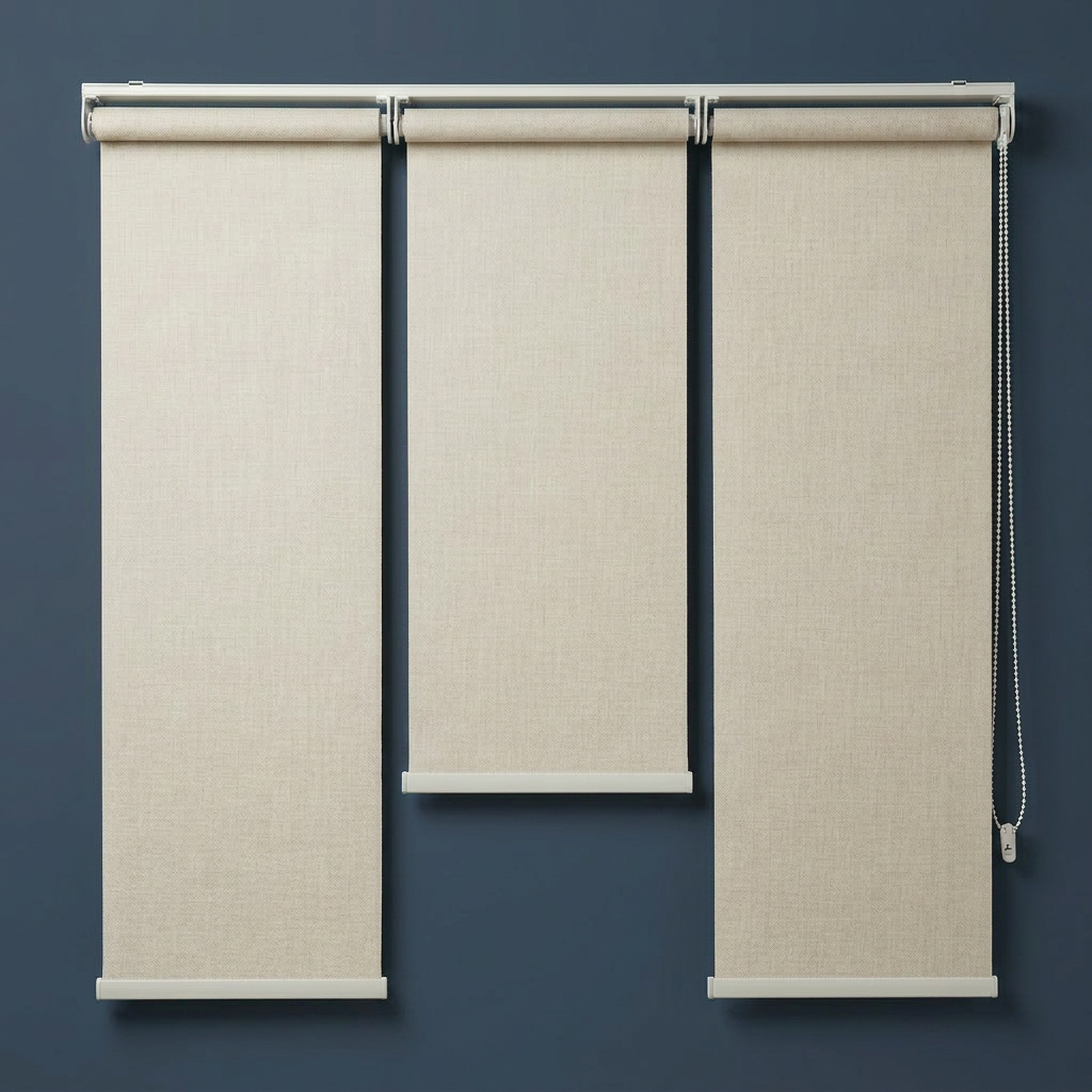 Three beige roller blinds hanging side by side with a chain on the right for adjustment.