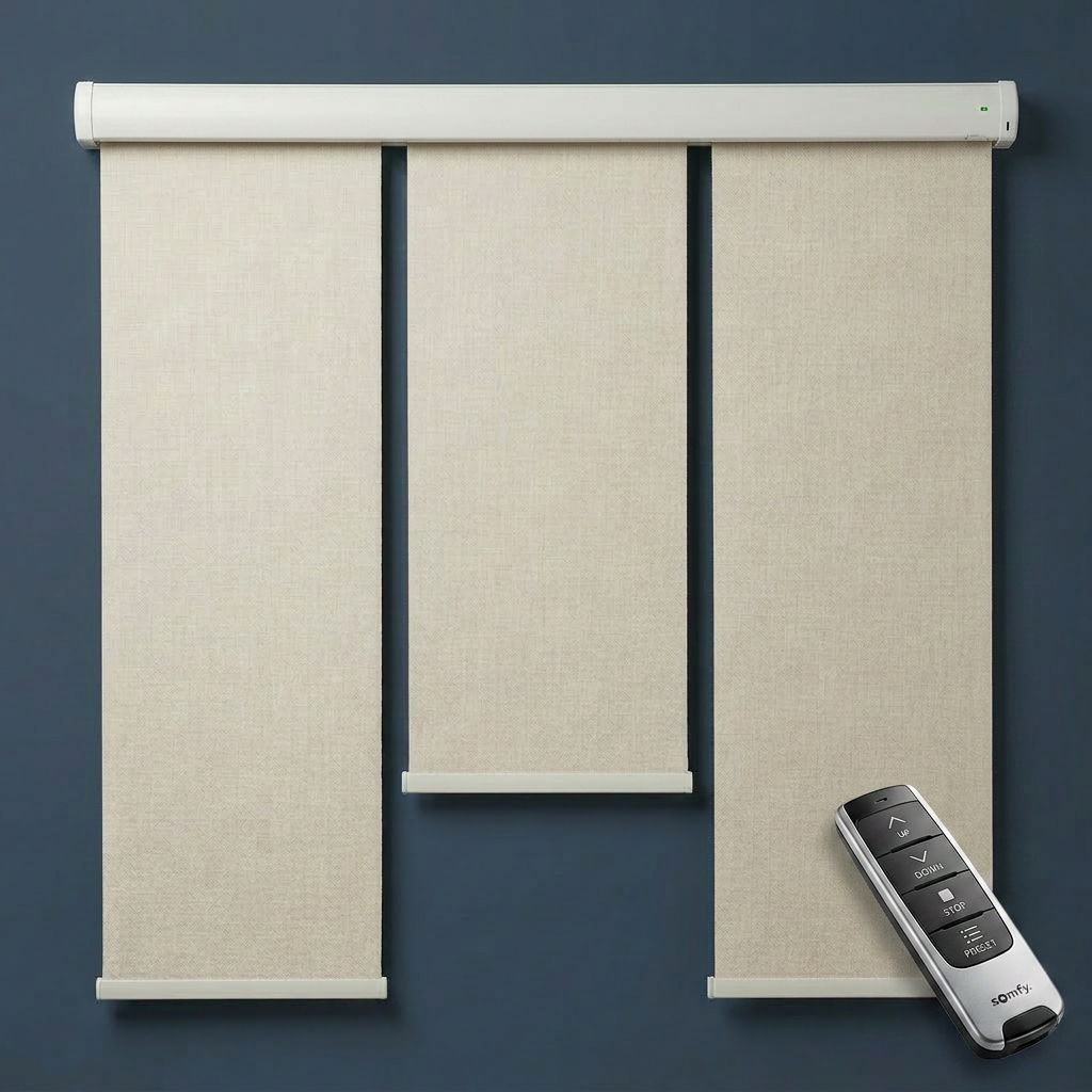 Three beige motorized window shades with remote control on dark background